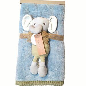 2025 Chick Pea Elephant Blue Green Ribbed Trim Lovey Blanket Set 30" X 36" NEW